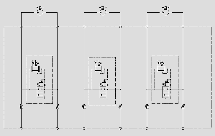 此原理圖通過(guò)在大流量邏輯閥上的T-8A的插孔插入電比例壓力閥，實(shí)現(xiàn)大流量馬達(dá)的調(diào)速。
