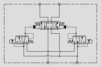 此原理圖為用電比例減壓溢流閥先導(dǎo)控制液控比例換向閥替換電比例板式換向閥。