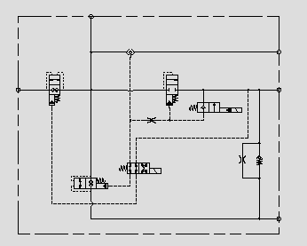 此原理圖為用小流量電磁換向閥作為先導閥控制邏輯閥實現(xiàn)大流量控制。