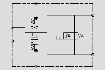 此原理圖中電磁鐵不得電系統(tǒng)卸荷，減少發(fā)熱；電磁鐵得電溢流閥開(kāi)始工作。