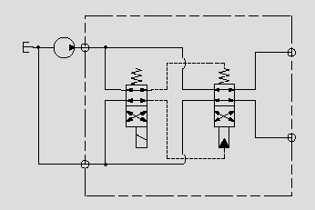 此原理圖為電磁閥與液控?fù)Q向閥組合成大流量電磁換向閥。