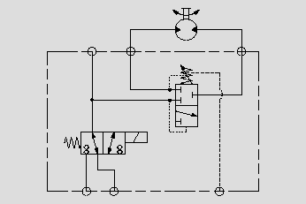此原理圖為電磁閥控制制動器動作，順序閥實(shí)現(xiàn)馬達(dá)進(jìn)出口相通。