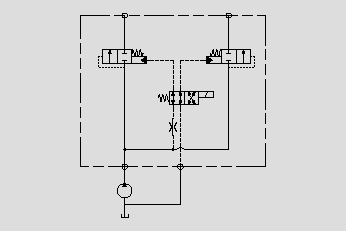 此原理圖為用小流量電磁閥作為先導閥控制邏輯元件，實現(xiàn)大流量控制。
